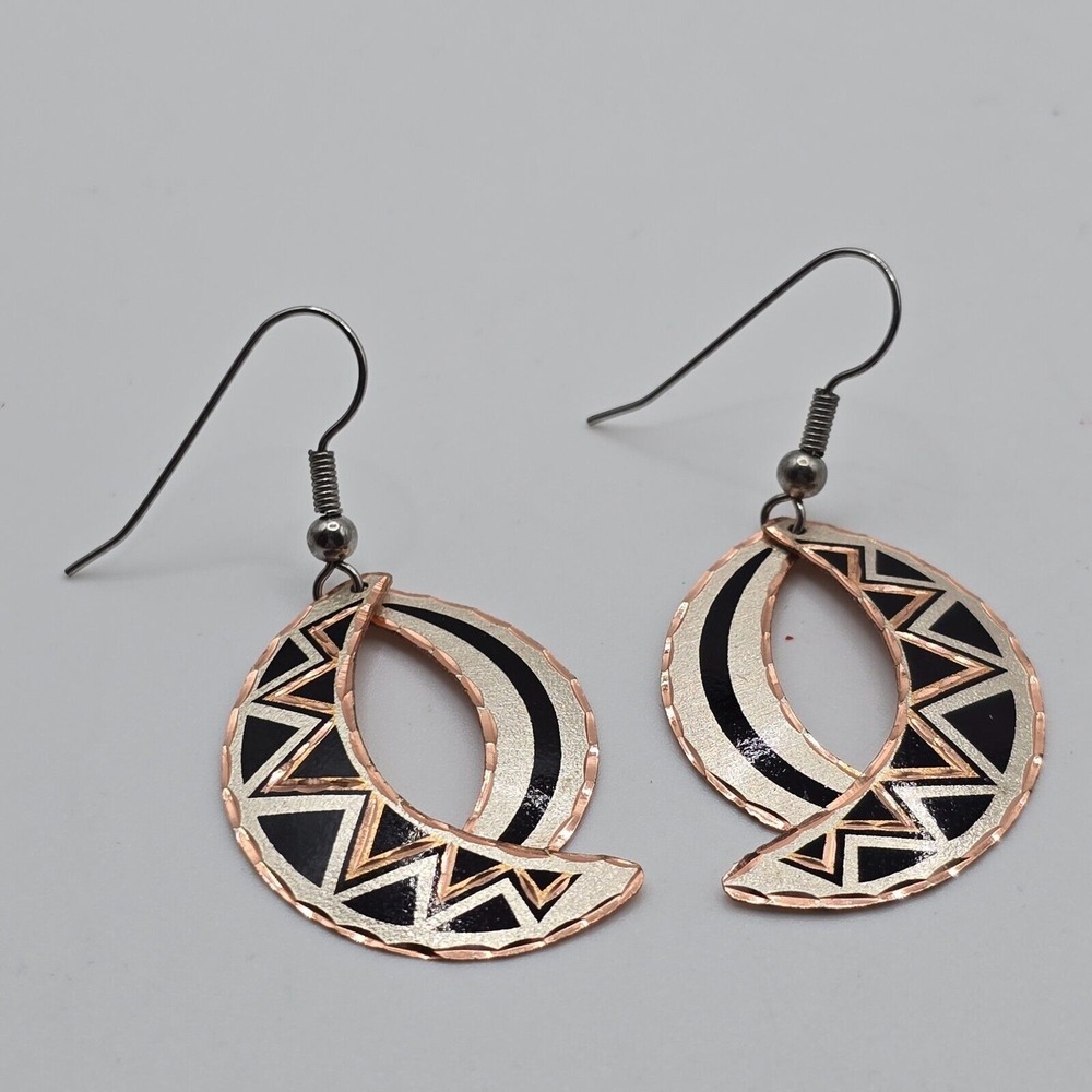 Crescent‎ Moon Dangle Earrings Black Enamel Geometric Zig Zag Boho Jewelry